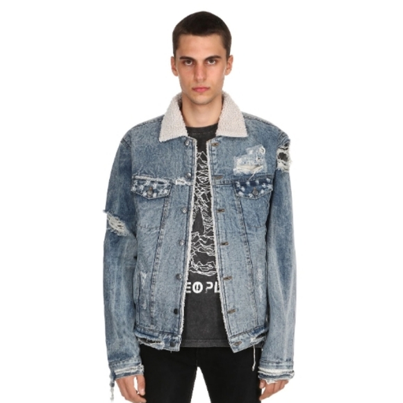 The People Vs. Other - The People VS. Eddie Sherpa Destroyed Denim Jacket Medium Unisex Men's Women's